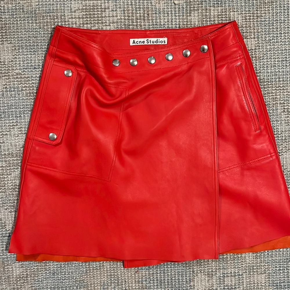 Red leather acne skirt with snaps